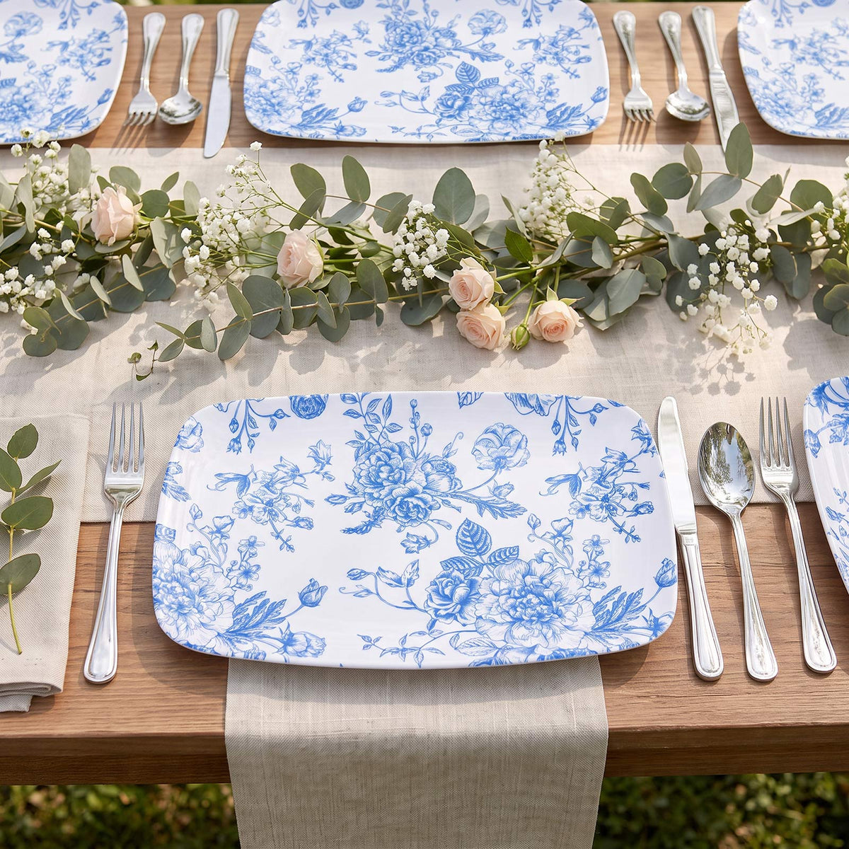 10 Pack French Toile Plastic Rectangle Serving Trays, 12"L x 7"W Blue & White Floral Party Platters