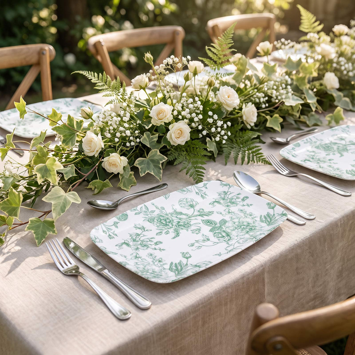 10 Pack French Toile Plastic Rectangle Serving Trays, 12"L x 7"W Sage Green & White Floral Party Pla