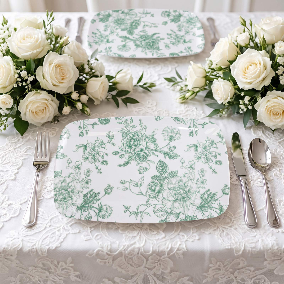 10 Pack French Toile Plastic Rectangle Serving Trays, 12"L x 7"W Sage Green & White Floral Party Pla