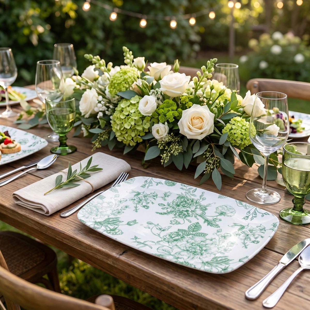 10 Pack French Toile Plastic Rectangle Serving Trays, 12"L x 7"W Sage Green & White Floral Party Pla