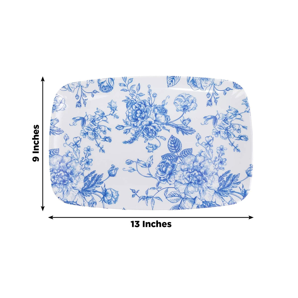 10 Pack French Toile Plastic Rectangle Serving Trays, 13"L x 9"W Blue & White Floral Party Platters