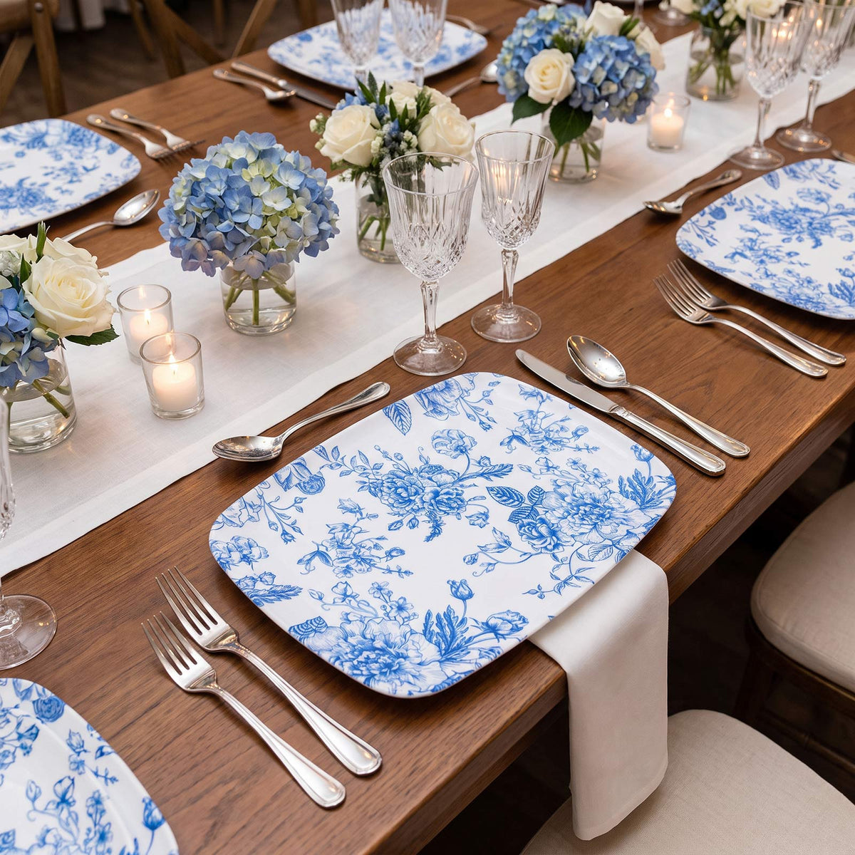 10 Pack French Toile Plastic Rectangle Serving Trays, 13"L x 9"W Blue & White Floral Party Platters