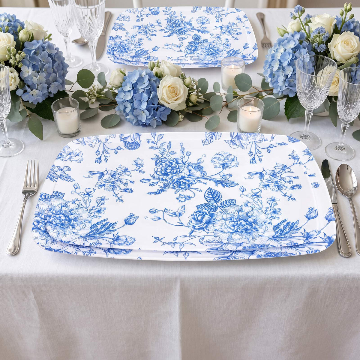 10 Pack French Toile Plastic Rectangle Serving Trays, 13"L x 9"W Blue & White Floral Party Platters