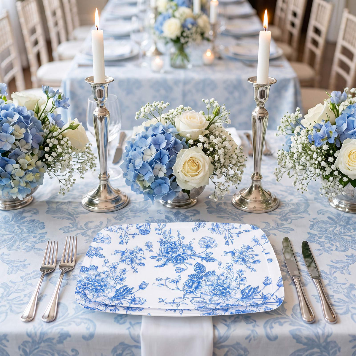 10 Pack French Toile Plastic Rectangle Serving Trays, 13"L x 9"W Blue & White Floral Party Platters