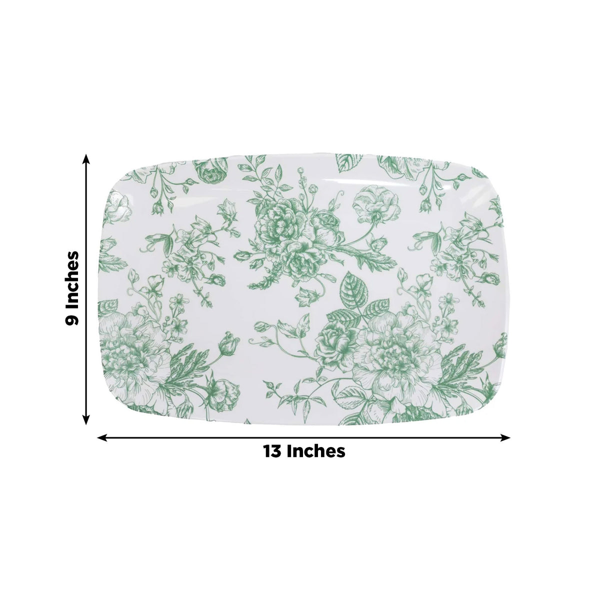 10 Pack French Toile Plastic Rectangle Serving Trays, 13"L x 9"W Sage Green & White Floral Party Pla