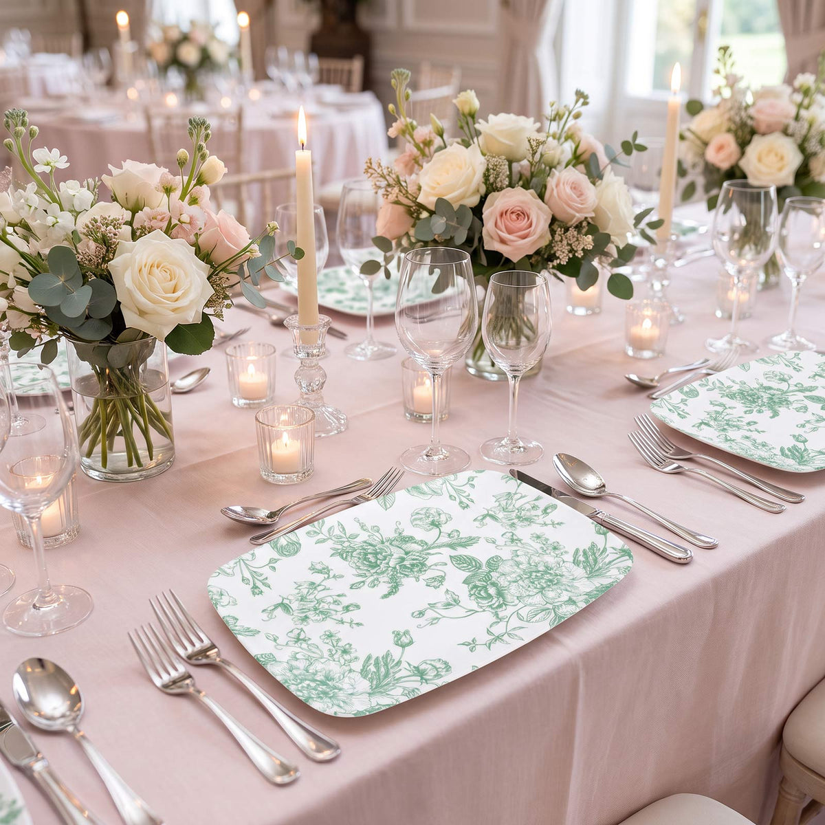 10 Pack French Toile Plastic Rectangle Serving Trays, 13"L x 9"W Sage Green & White Floral Party Pla
