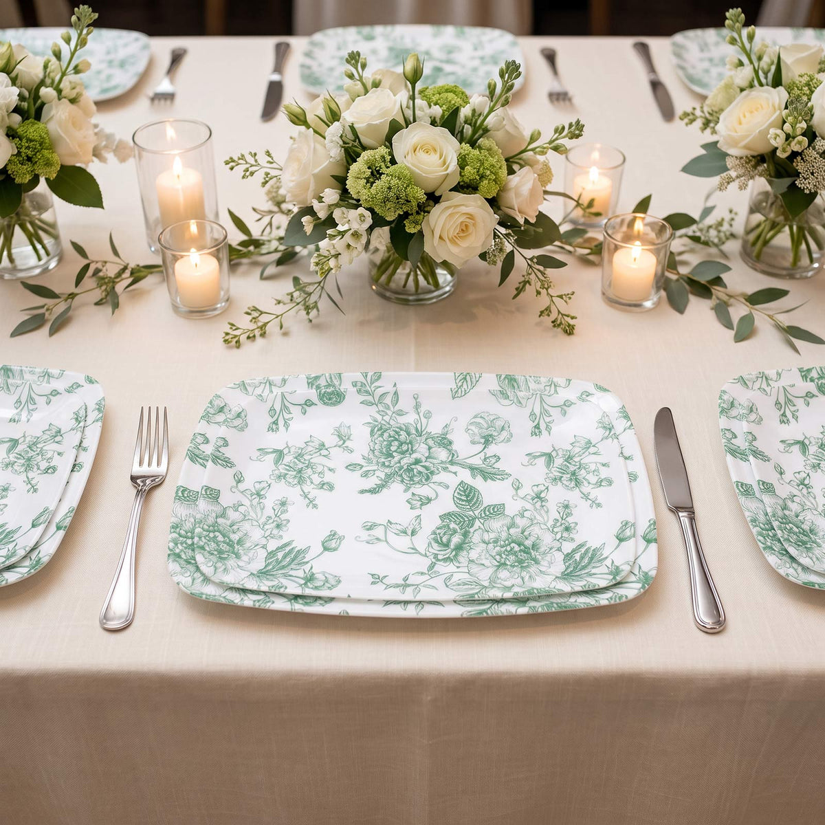 10 Pack French Toile Plastic Rectangle Serving Trays, 13"L x 9"W Sage Green & White Floral Party Pla