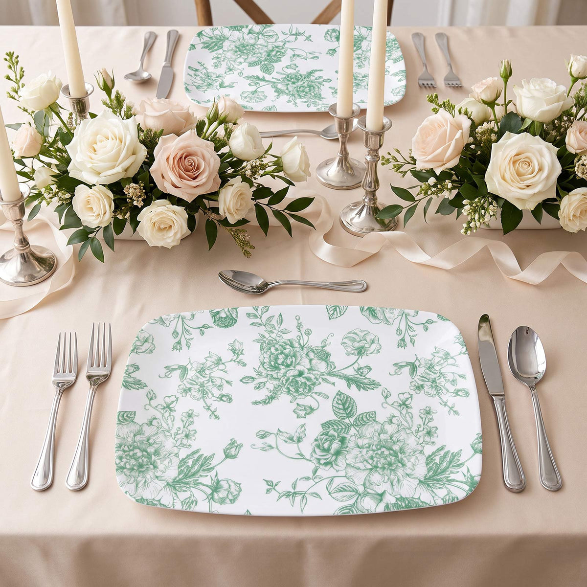 10 Pack French Toile Plastic Rectangle Serving Trays, 13"L x 9"W Sage Green & White Floral Party Pla