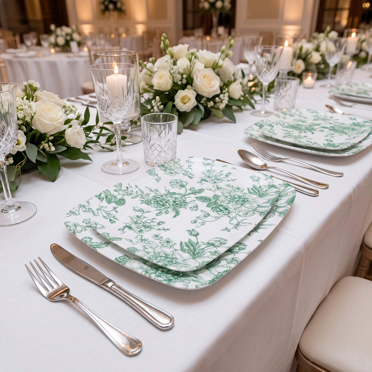 10 Pack French Toile Plastic Rectangle Serving Trays, 13"L x 9"W Sage Green & White Floral Party Pla