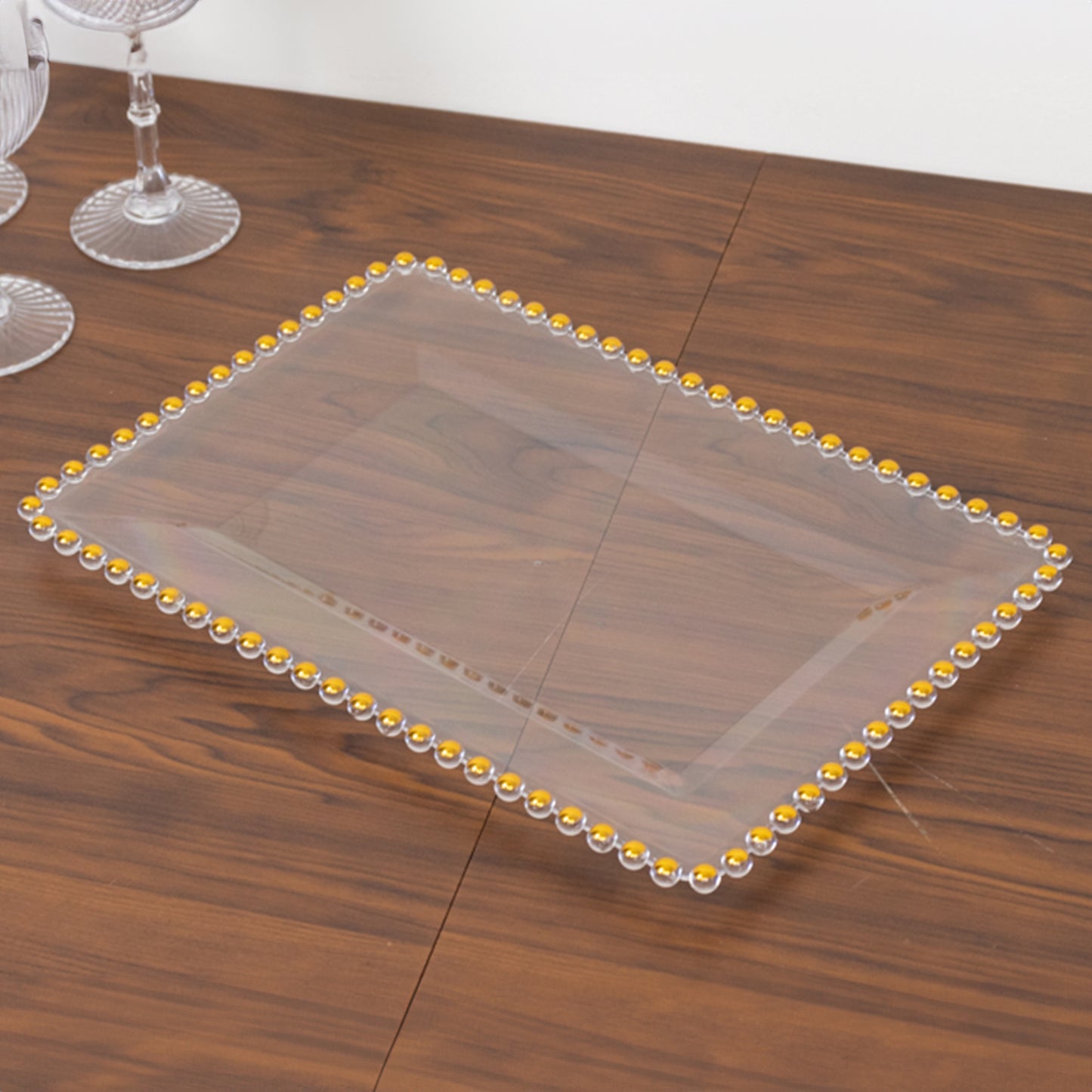 6 Pack Acrylic Serving Platters with Gold Beaded Rim, Clear Rectangular Food Trays for Desserts and Appetizers - 9"x13"