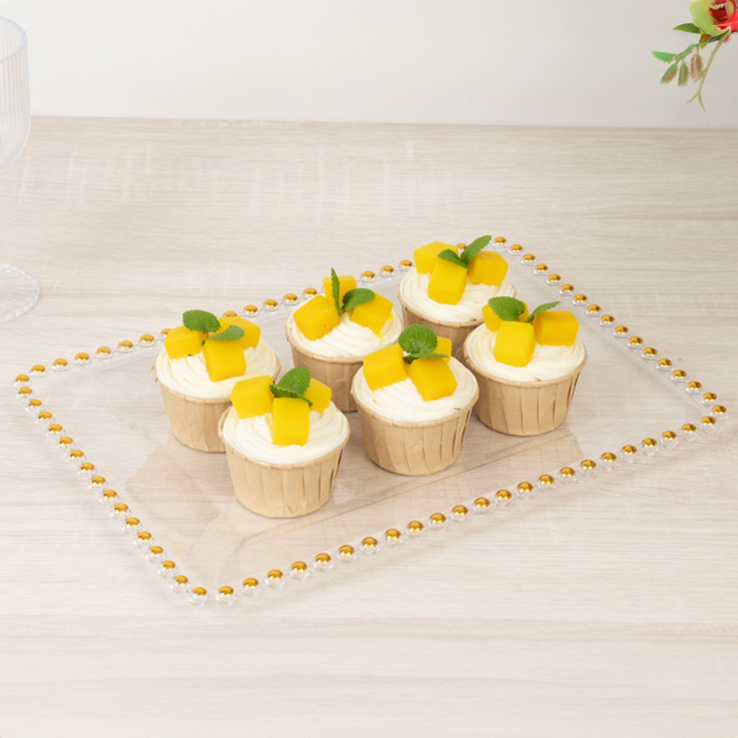 6 Pack Acrylic Serving Platters with Gold Beaded Rim, Clear Rectangular Food Trays for Desserts and Appetizers - 9"x13"