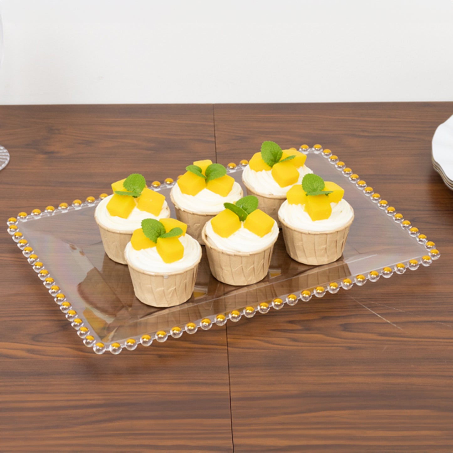 6 Pack Acrylic Serving Platters with Gold Beaded Rim, Clear Rectangular Food Trays for Desserts and Appetizers - 9"x13"