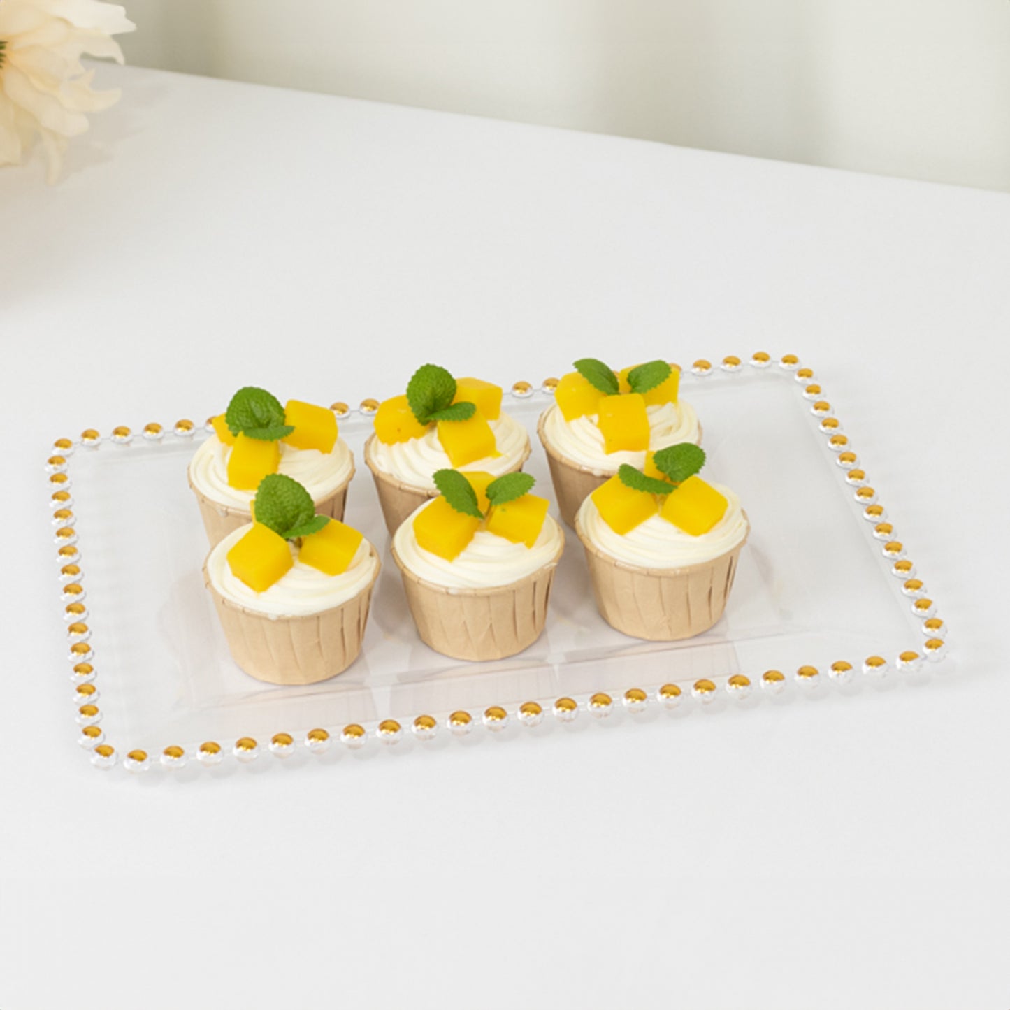 6 Pack Acrylic Serving Platters with Gold Beaded Rim, Clear Rectangular Food Trays for Desserts and Appetizers - 9"x13"