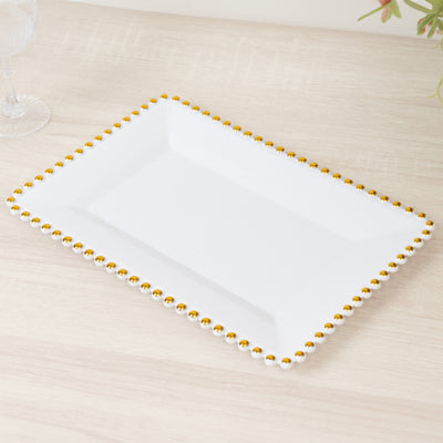 White Acrylic Rectangular Serving Trays With Beaded Gold Rim