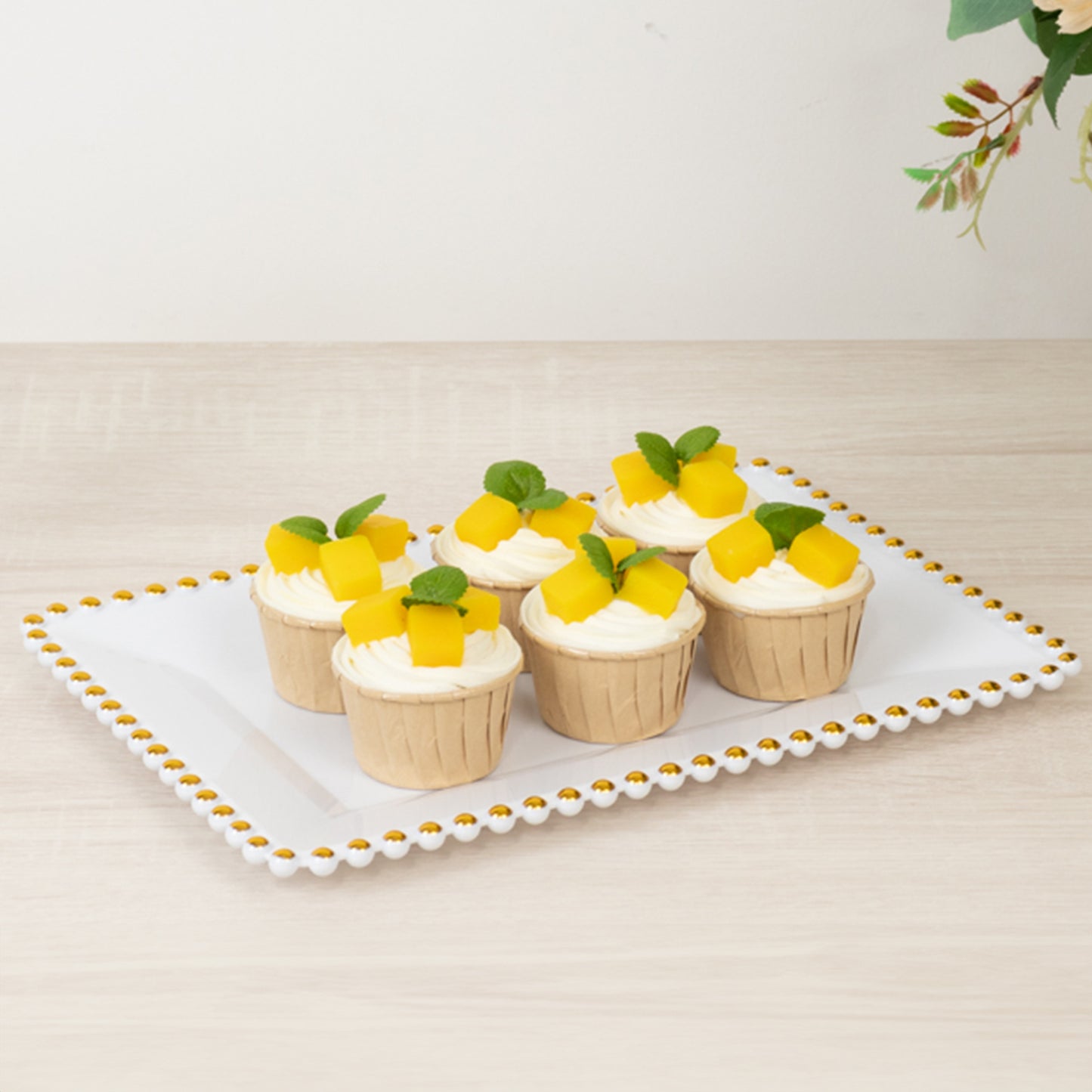 6 Pack Acrylic Serving Platters with Gold Beaded Rim, White Rectangular Food Trays for Desserts and Appetizers - 9"x13"