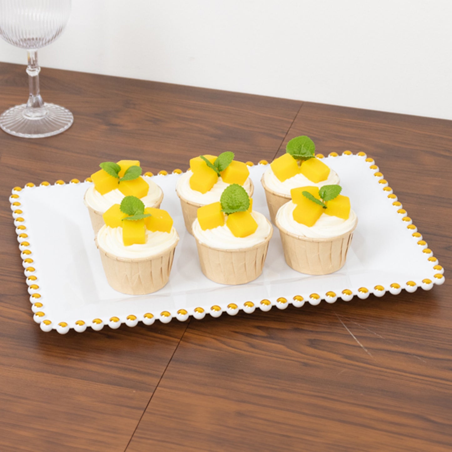 6 Pack Acrylic Serving Platters with Gold Beaded Rim, White Rectangular Food Trays for Desserts and Appetizers - 9"x13"