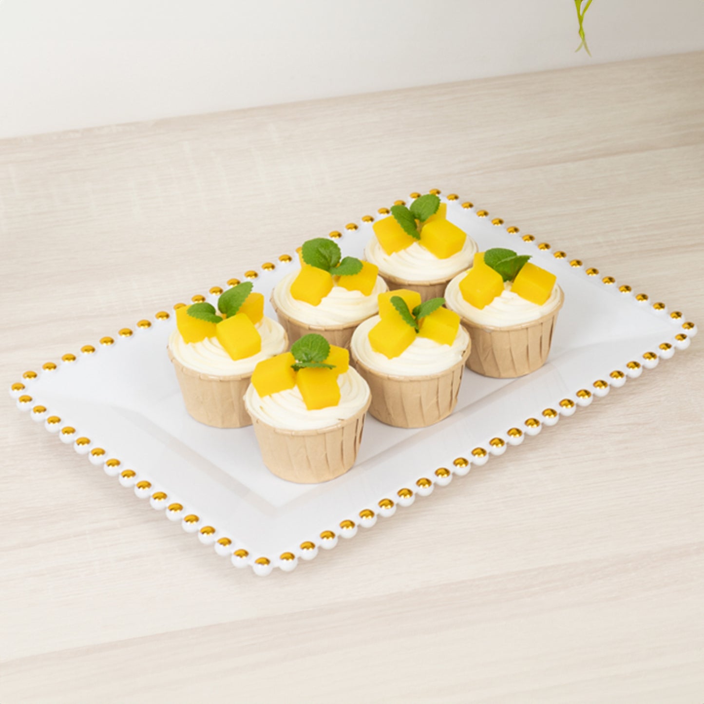 6 Pack Acrylic Serving Platters with Gold Beaded Rim, White Rectangular Food Trays for Desserts and Appetizers - 9"x13"