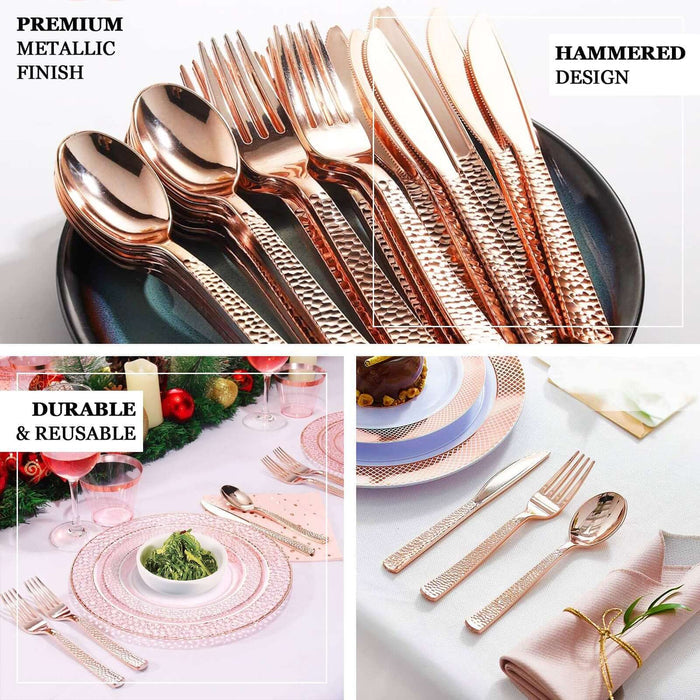 24 Pack Rose Gold Hammered Style 7" Heavy Duty Plastic Forks, Plastic Silverware