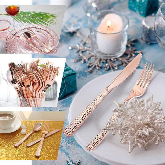 24 Pack Rose Gold Hammered Style 7" Heavy Duty Plastic Forks, Plastic Silverware