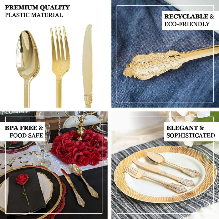 24 Pack | Metallic Gold 8" Baroque Style Heavy Duty Plastic Forks