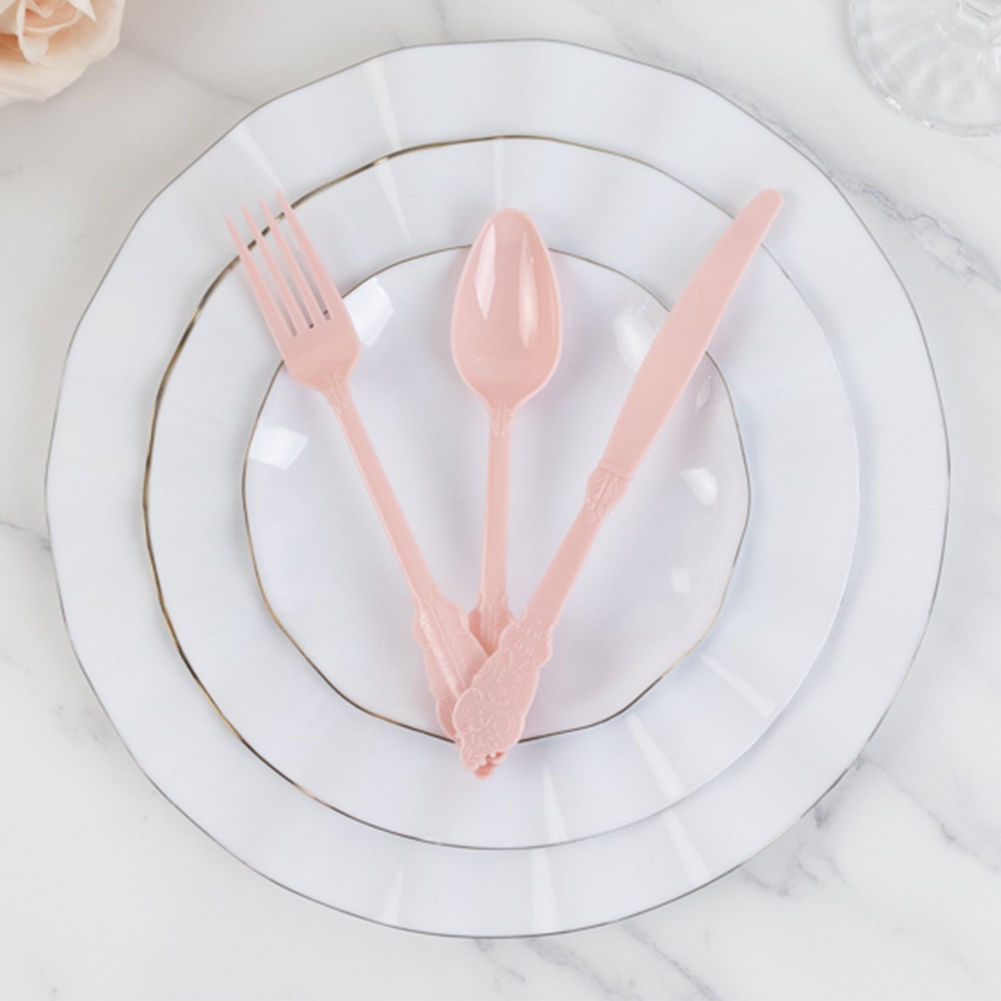 72 Pcs Blush Plastic Silverware Set in Baroque Style, Heavy Duty Disposable Utensils - Knife, Fork and Spoon Set