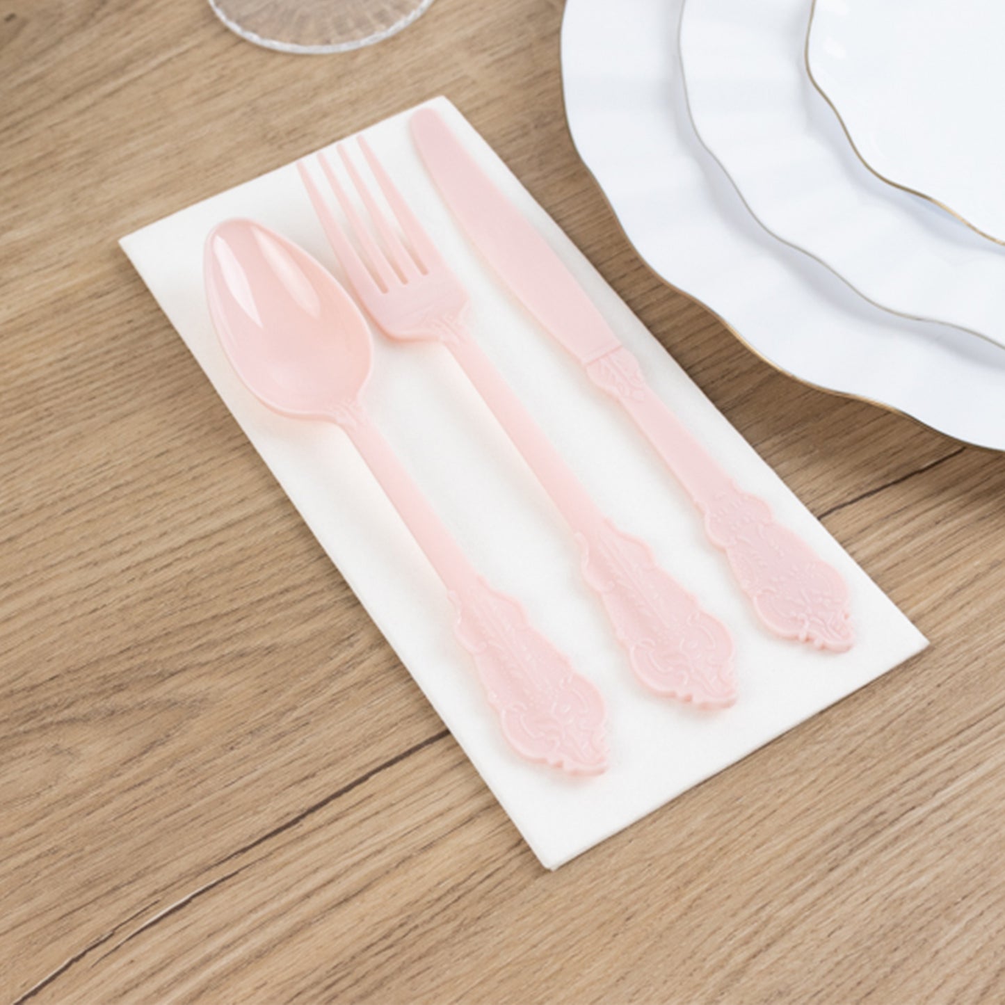 72 Pcs Blush Plastic Silverware Set in Baroque Style, Heavy Duty Disposable Utensils - Knife, Fork and Spoon Set