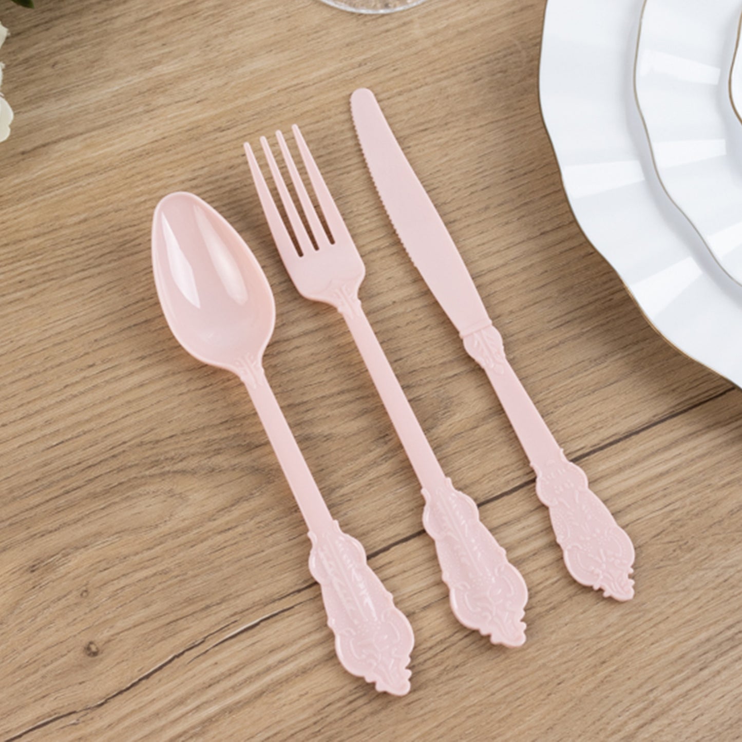 72 Pcs Blush Plastic Silverware Set in Baroque Style, Heavy Duty Disposable Utensils - Knife, Fork and Spoon Set