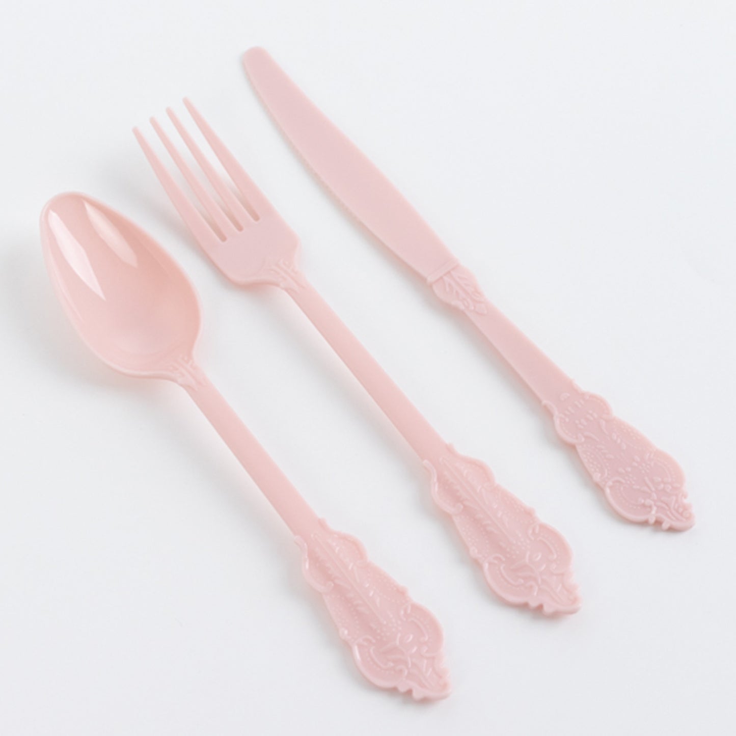 72 Pcs Blush Plastic Silverware Set in Baroque Style, Heavy Duty Disposable Utensils - Knife, Fork and Spoon Set