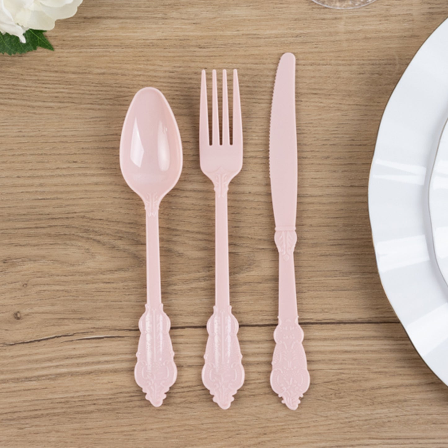 72 Pcs Blush Plastic Silverware Set in Baroque Style, Heavy Duty Disposable Utensils - Knife, Fork and Spoon Set