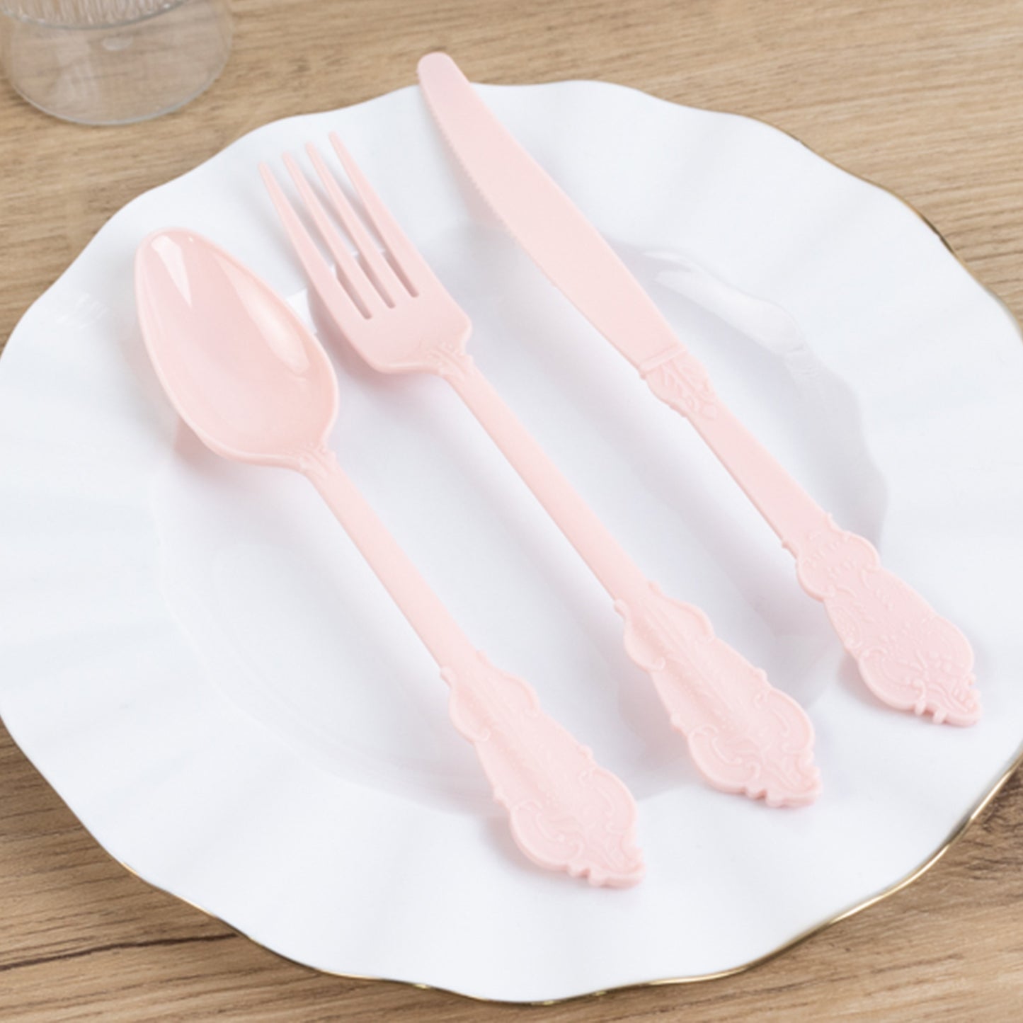 72 Pcs Blush Plastic Silverware Set in Baroque Style, Heavy Duty Disposable Utensils - Knife, Fork and Spoon Set