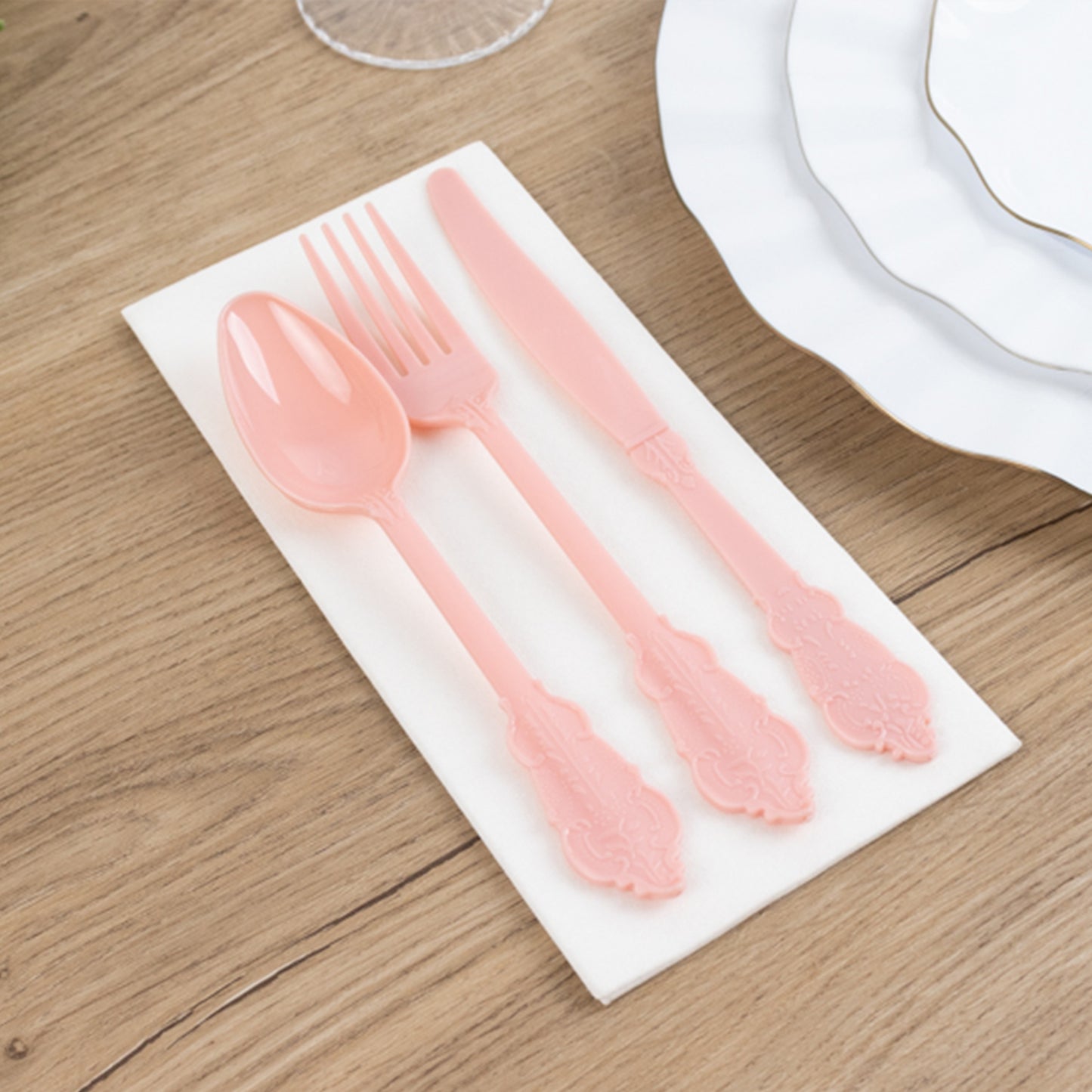 72 Pcs Dusty Rose Plastic Silverware Set in Baroque Style, Heavy Duty Disposable Utensils - Knife, Fork and Spoon Set