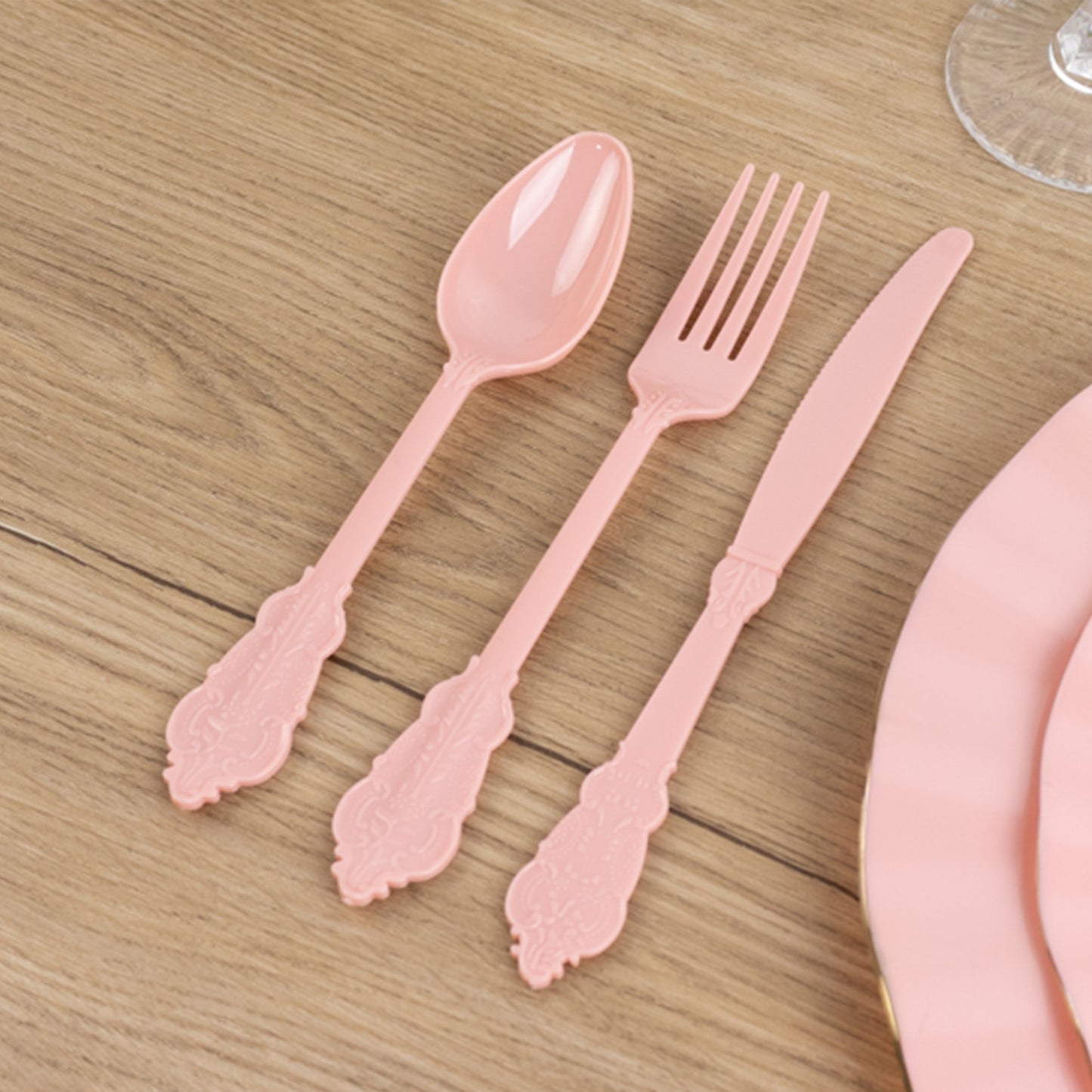 72 Pcs Dusty Rose Plastic Silverware Set in Baroque Style, Heavy Duty Disposable Utensils - Knife, Fork and Spoon Set