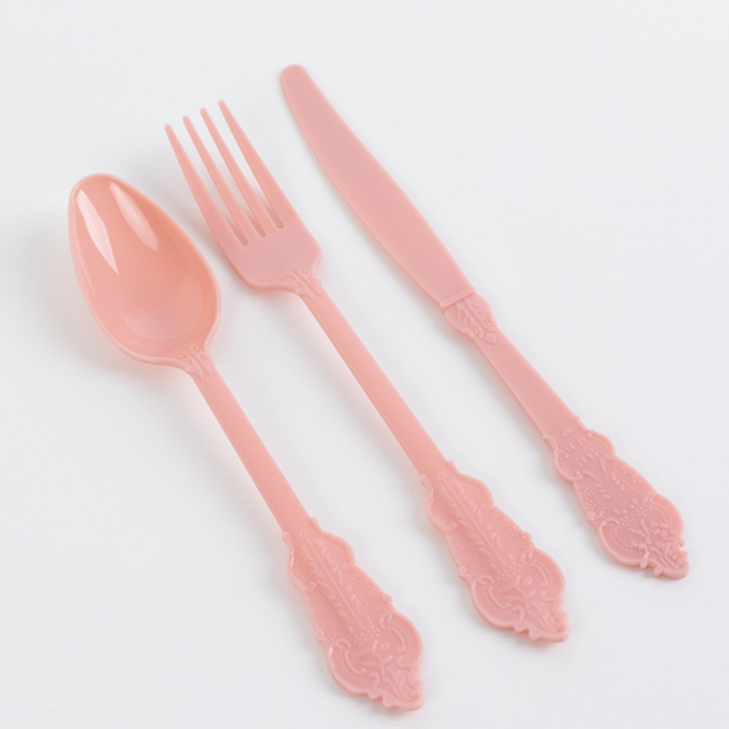 72 Pcs Dusty Rose Plastic Silverware Set in Baroque Style, Heavy Duty Disposable Utensils - Knife, Fork and Spoon Set