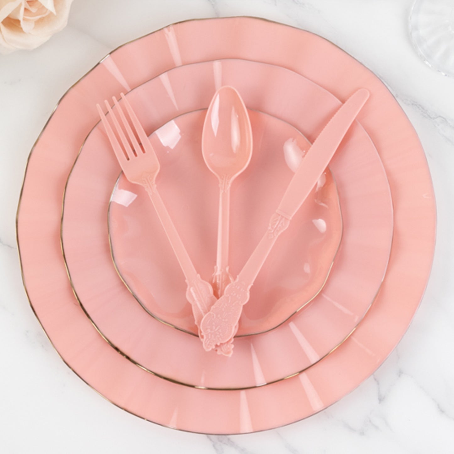 72 Pcs Dusty Rose Plastic Silverware Set in Baroque Style, Heavy Duty Disposable Utensils - Knife, Fork and Spoon Set