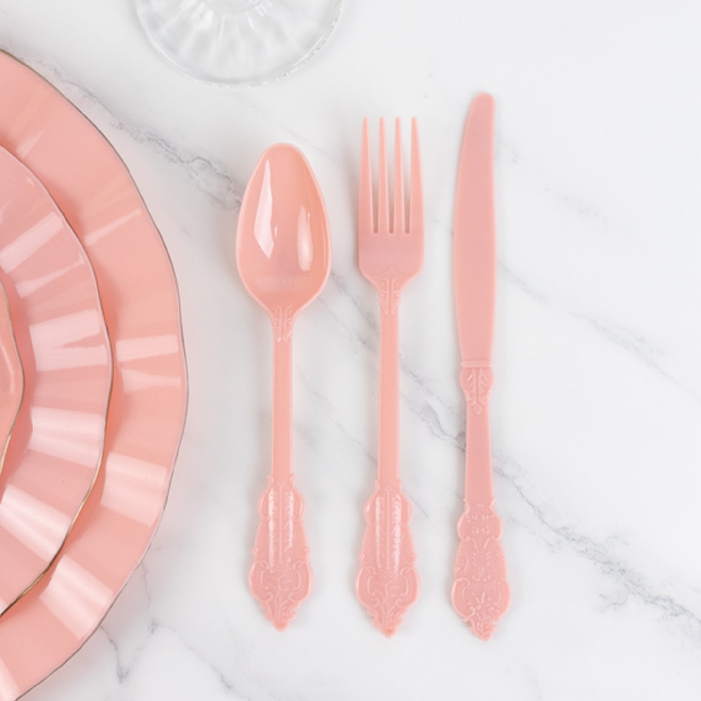 72 Pcs Dusty Rose Plastic Silverware Set in Baroque Style, Heavy Duty Disposable Utensils - Knife, Fork and Spoon Set