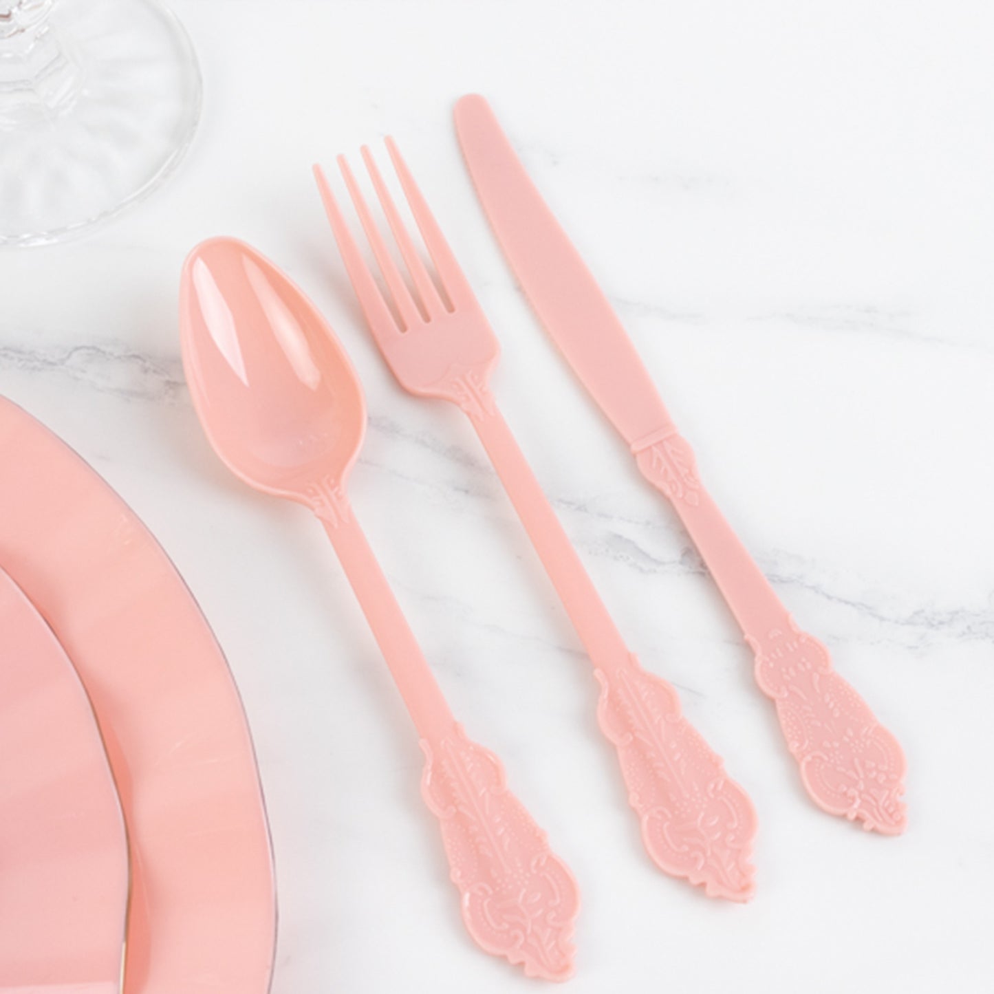 72 Pcs Dusty Rose Plastic Silverware Set in Baroque Style, Heavy Duty Disposable Utensils - Knife, Fork and Spoon Set