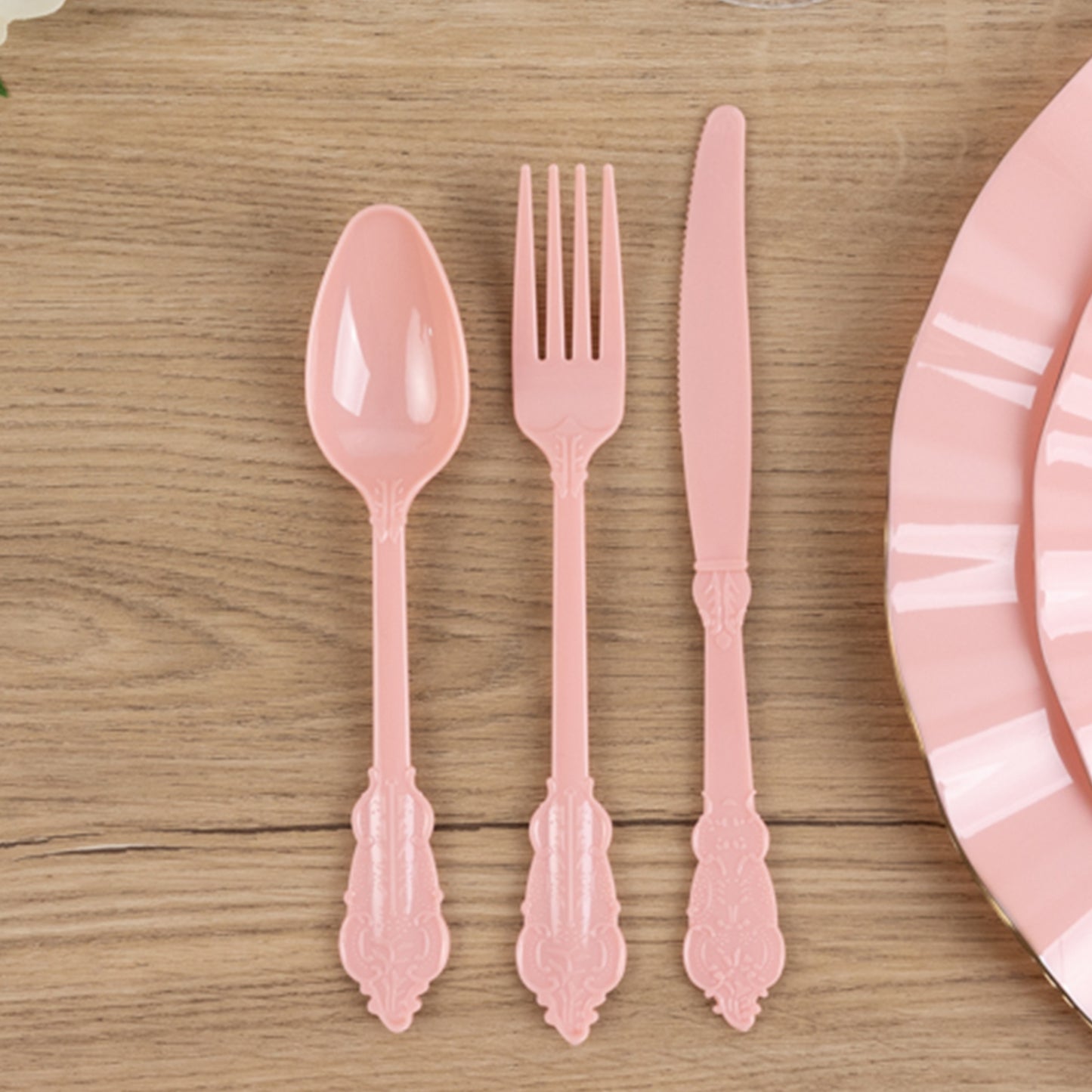 72 Pcs Dusty Rose Plastic Silverware Set in Baroque Style, Heavy Duty Disposable Utensils - Knife, Fork and Spoon Set