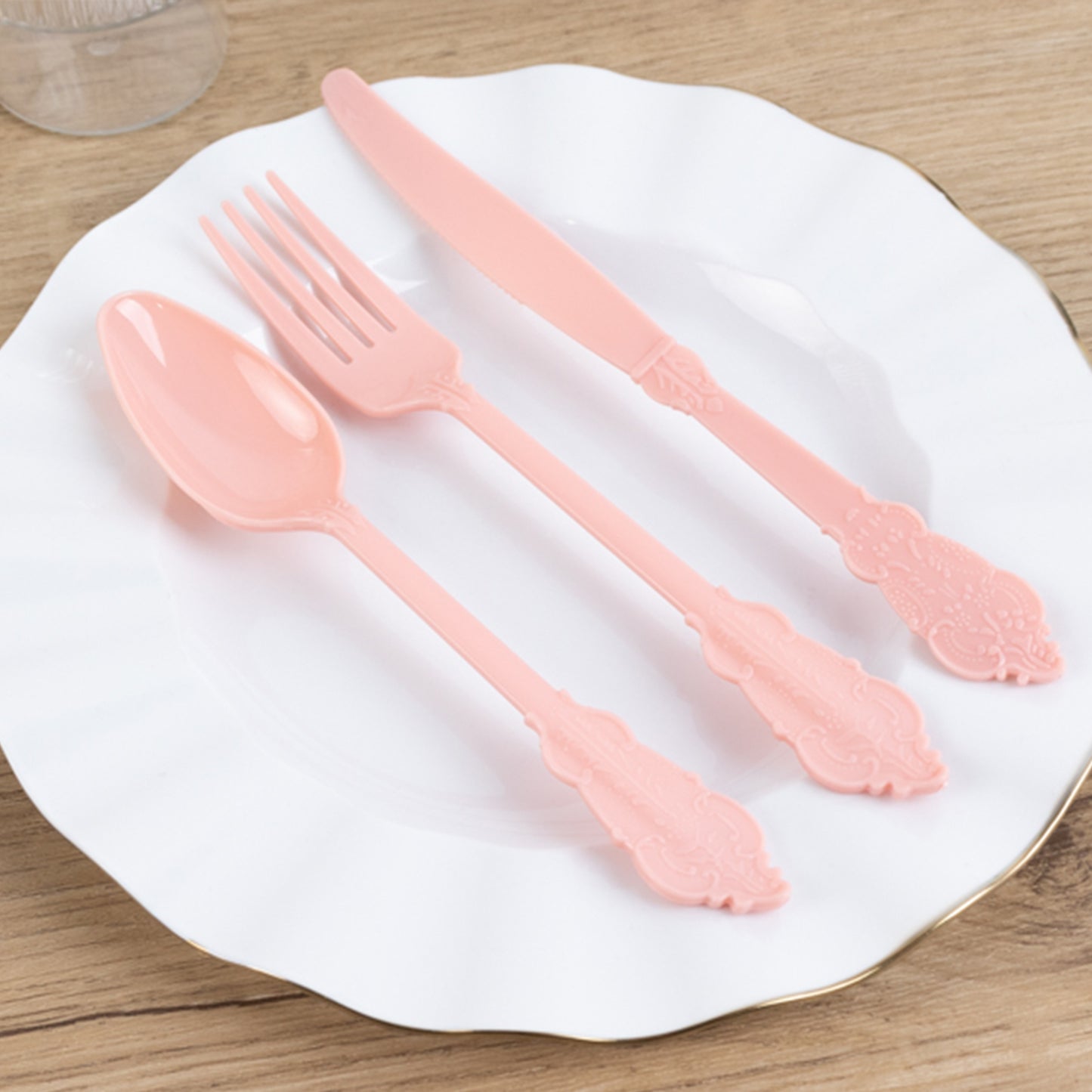 72 Pcs Dusty Rose Plastic Silverware Set in Baroque Style, Heavy Duty Disposable Utensils - Knife, Fork and Spoon Set