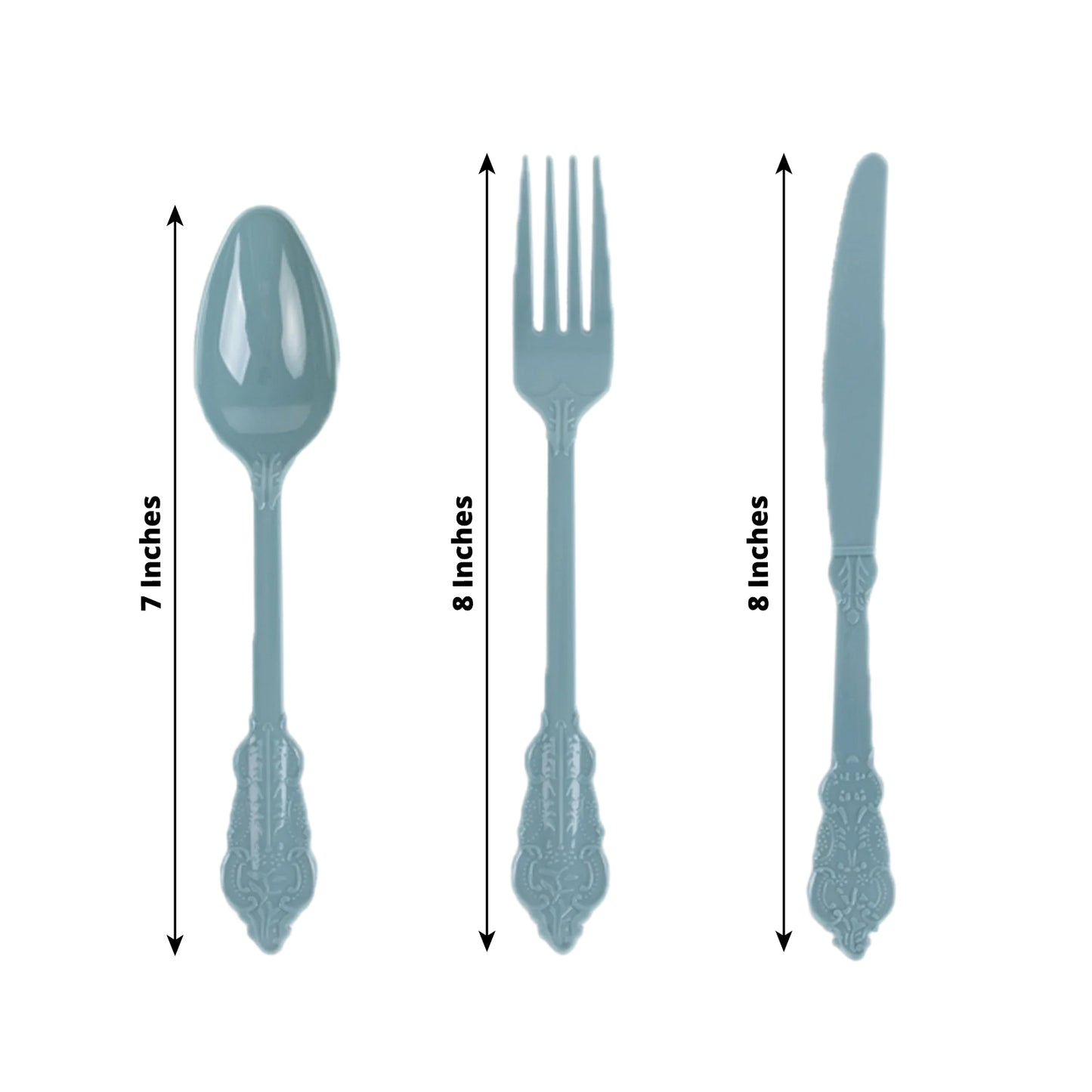 72 Pcs Dusty Blue Plastic Silverware Set in Baroque Style, Heavy Duty Disposable Utensils - Knife, Fork and Spoon Set