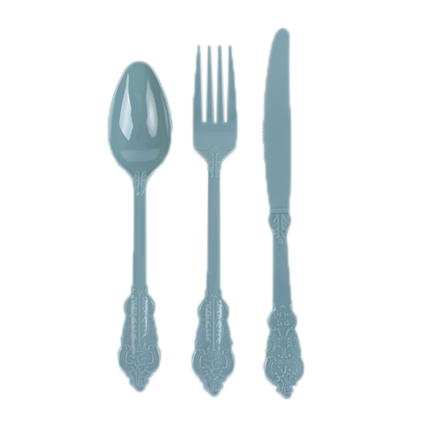 72 Pcs Dusty Blue Plastic Silverware Set in Baroque Style, Heavy Duty Disposable Utensils - Knife, Fork and Spoon Set