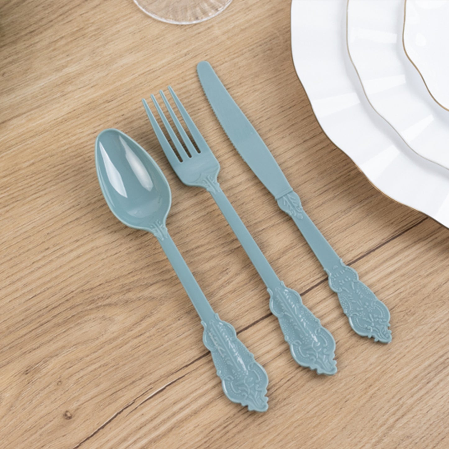 72 Pcs Dusty Blue Plastic Silverware Set in Baroque Style, Heavy Duty Disposable Utensils - Knife, Fork and Spoon Set