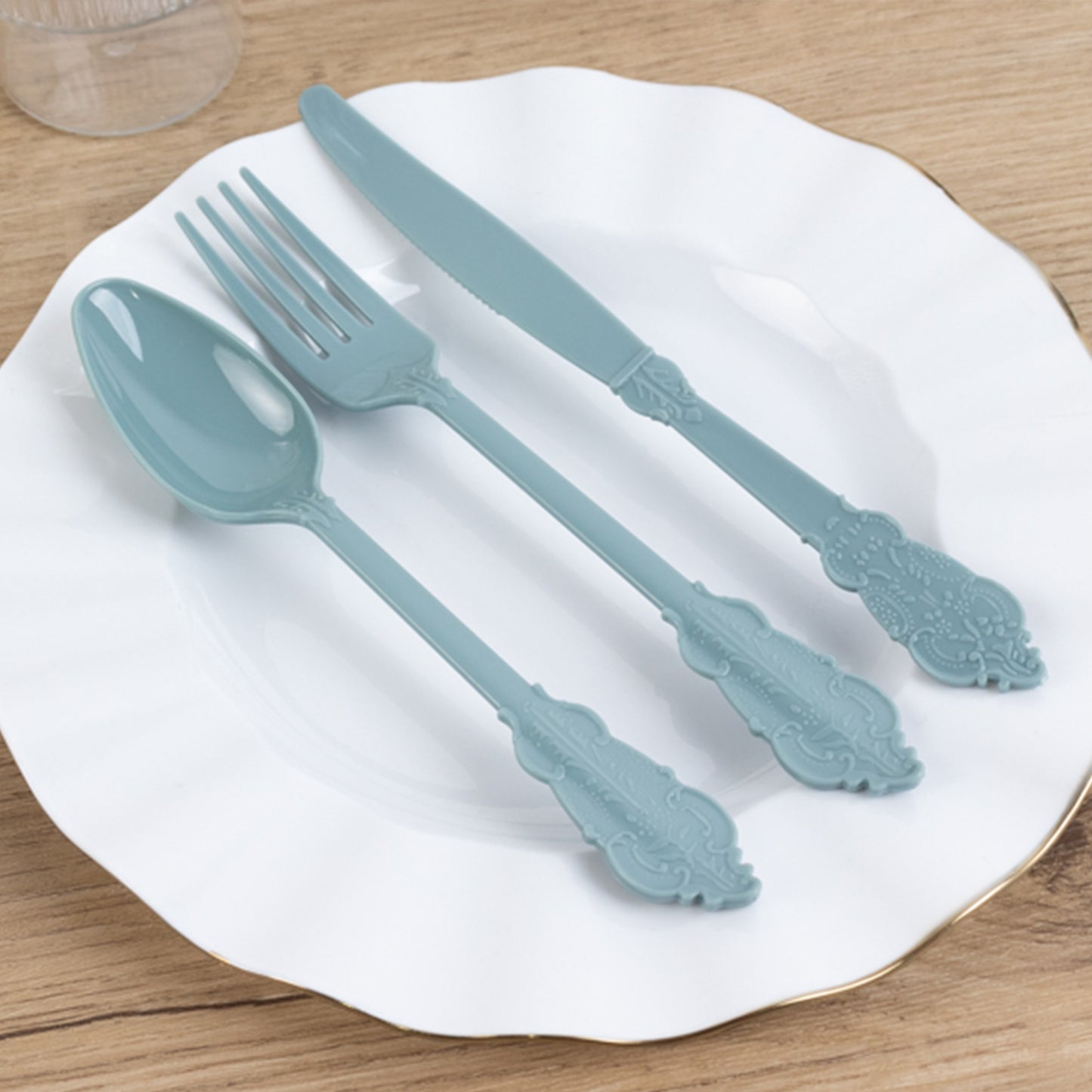 72 Pcs Dusty Blue Plastic Silverware Set in Baroque Style, Heavy Duty Disposable Utensils - Knife, Fork and Spoon Set