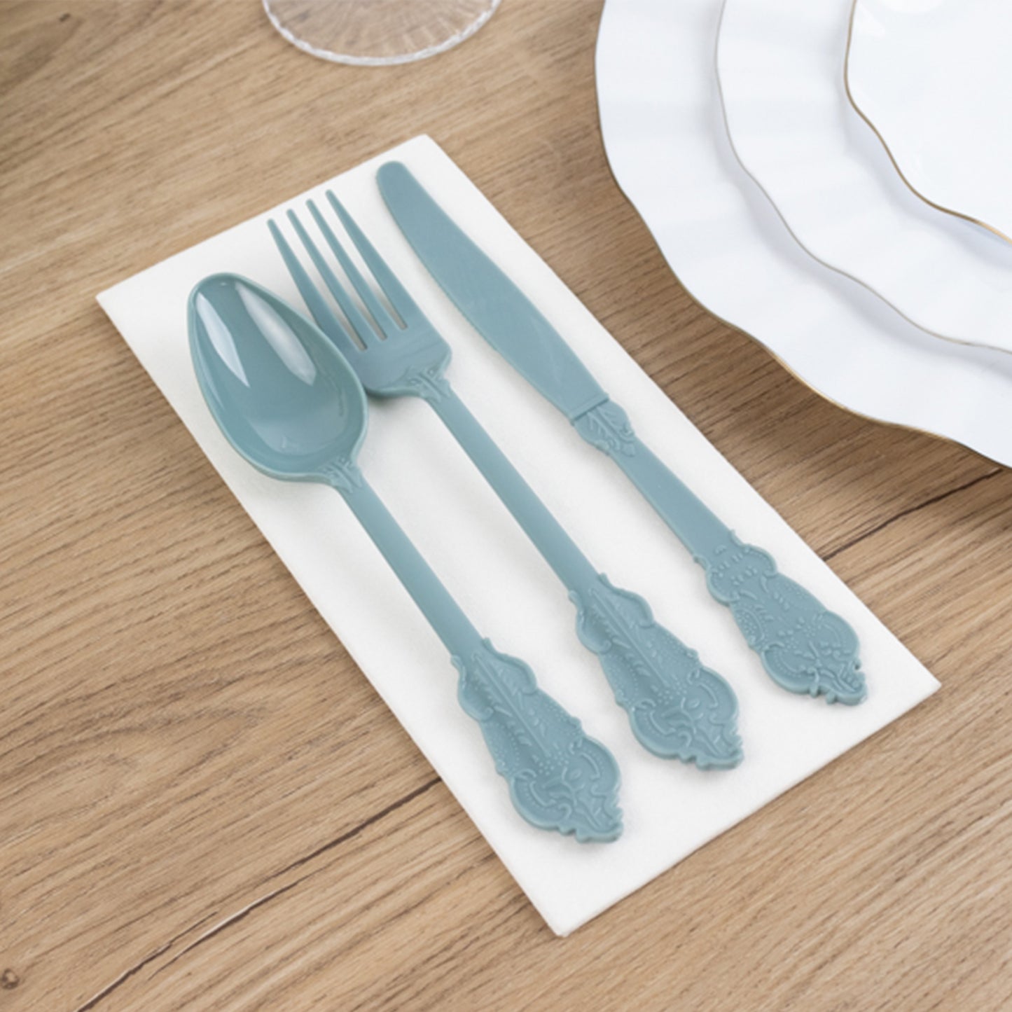 72 Pcs Dusty Blue Plastic Silverware Set in Baroque Style, Heavy Duty Disposable Utensils - Knife, Fork and Spoon Set