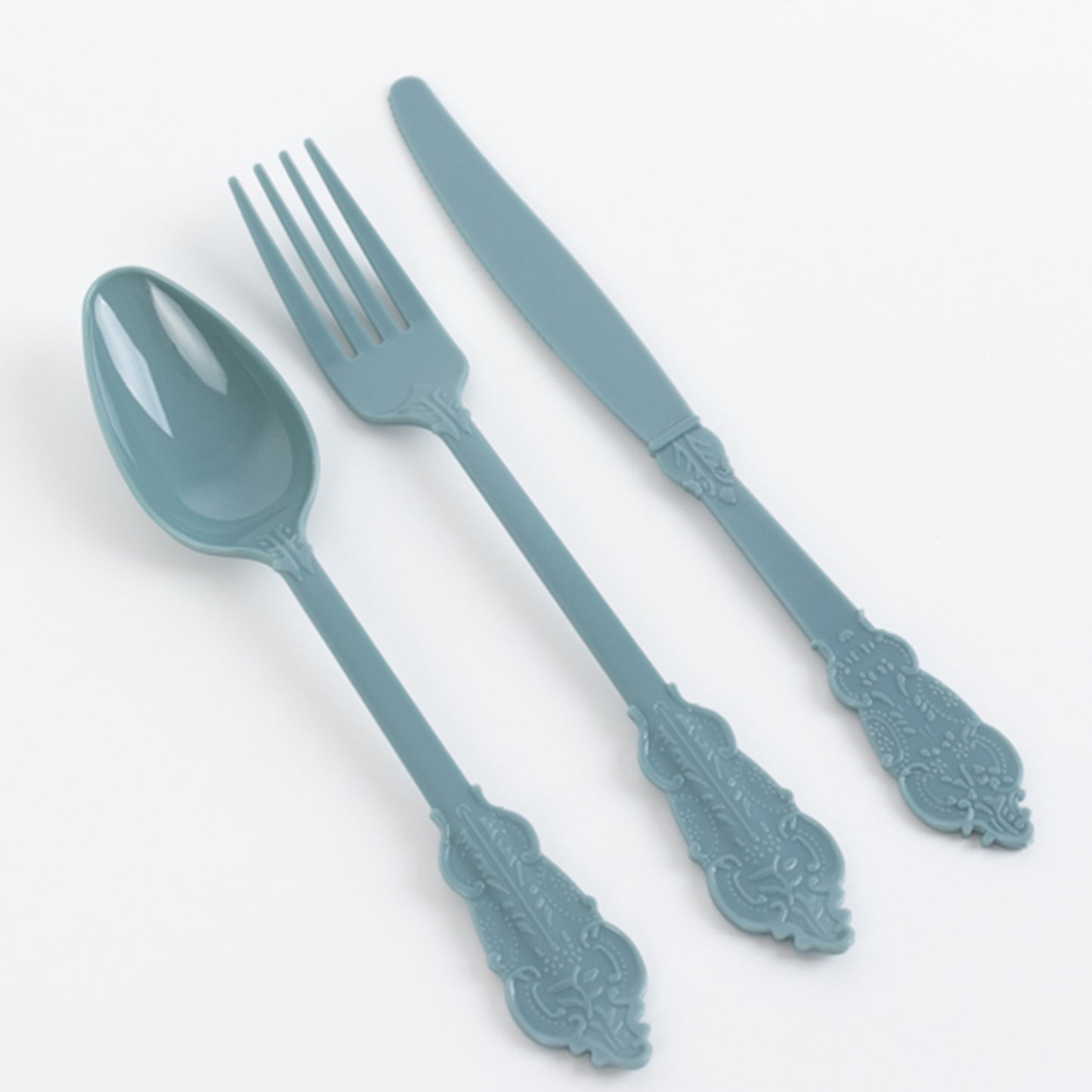 72 Pcs Dusty Blue Plastic Silverware Set in Baroque Style, Heavy Duty Disposable Utensils - Knife, Fork and Spoon Set