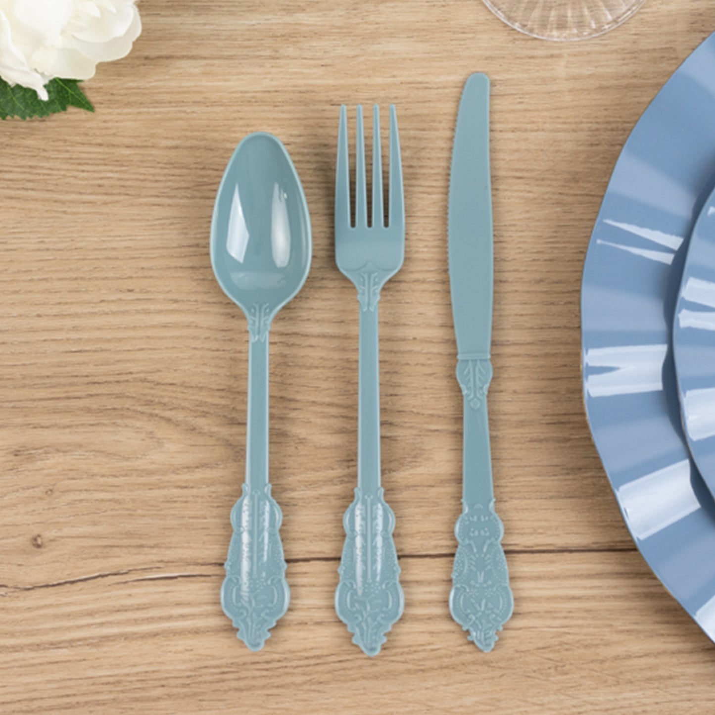 72 Pcs Dusty Blue Plastic Silverware Set in Baroque Style, Heavy Duty Disposable Utensils - Knife, Fork and Spoon Set