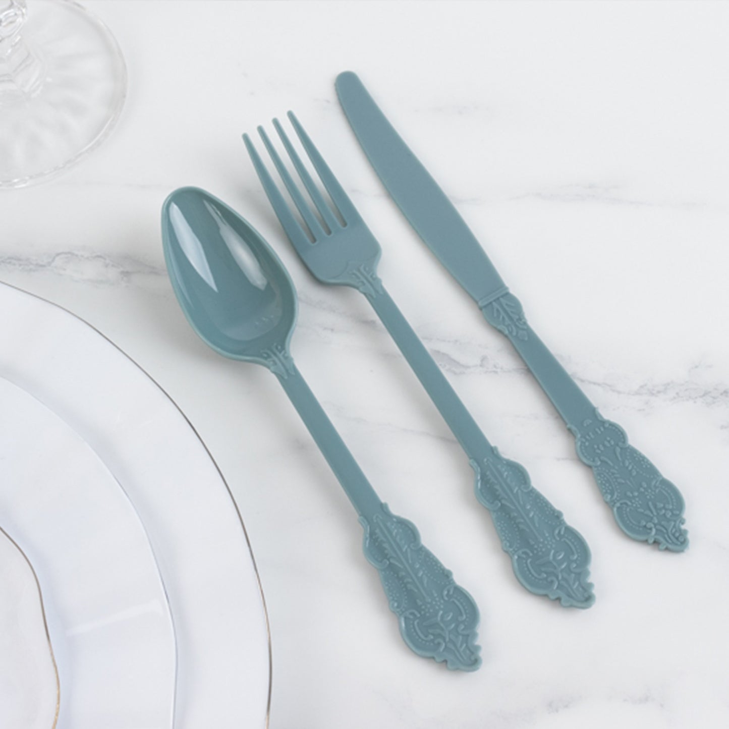 72 Pcs Dusty Blue Plastic Silverware Set in Baroque Style, Heavy Duty Disposable Utensils - Knife, Fork and Spoon Set