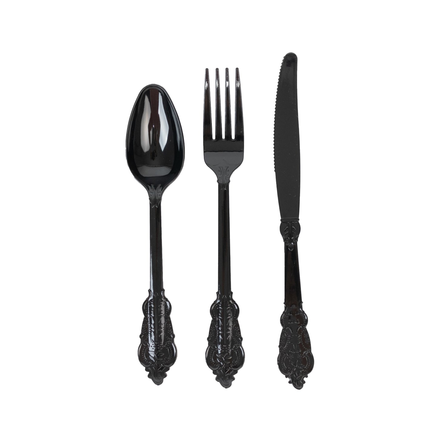 72 Pcs Plastic Silverware Set in Baroque Style Black - Heavy Duty Disposable Knife, Fork, and Spoon Set