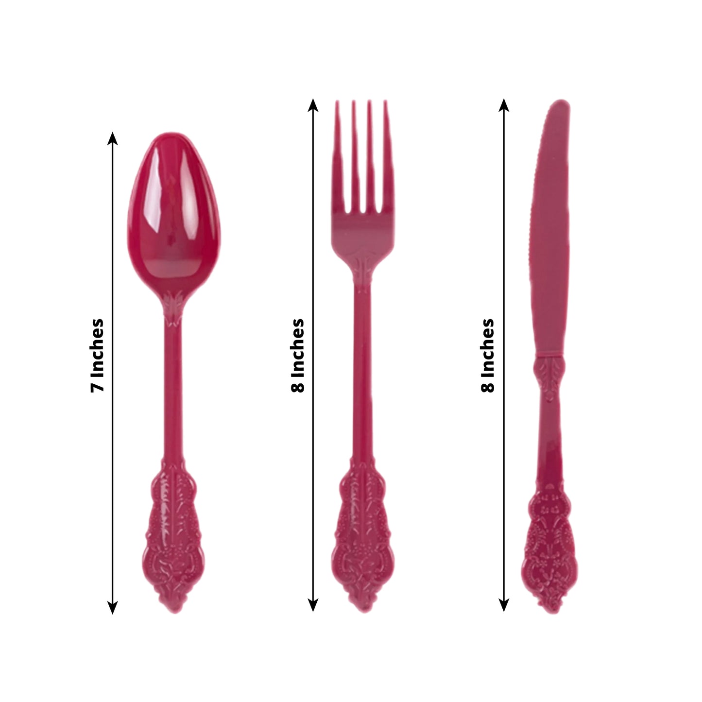 72 Pcs Burgundy Plastic Silverware Set in Baroque Style, Heavy Duty Disposable Utensils - Knife, Fork and Spoon Set