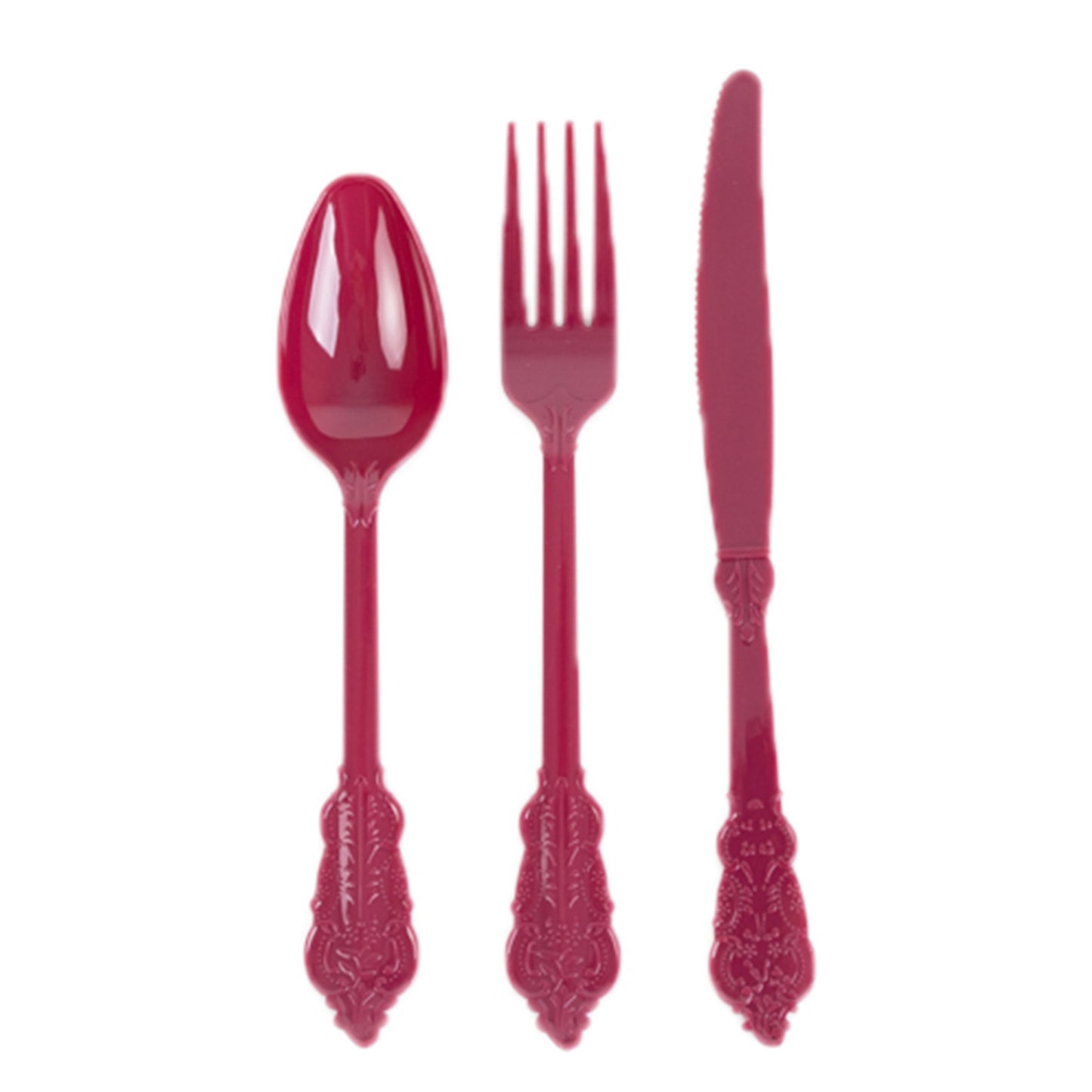 72 Pcs Burgundy Plastic Silverware Set in Baroque Style, Heavy Duty Disposable Utensils - Knife, Fork and Spoon Set