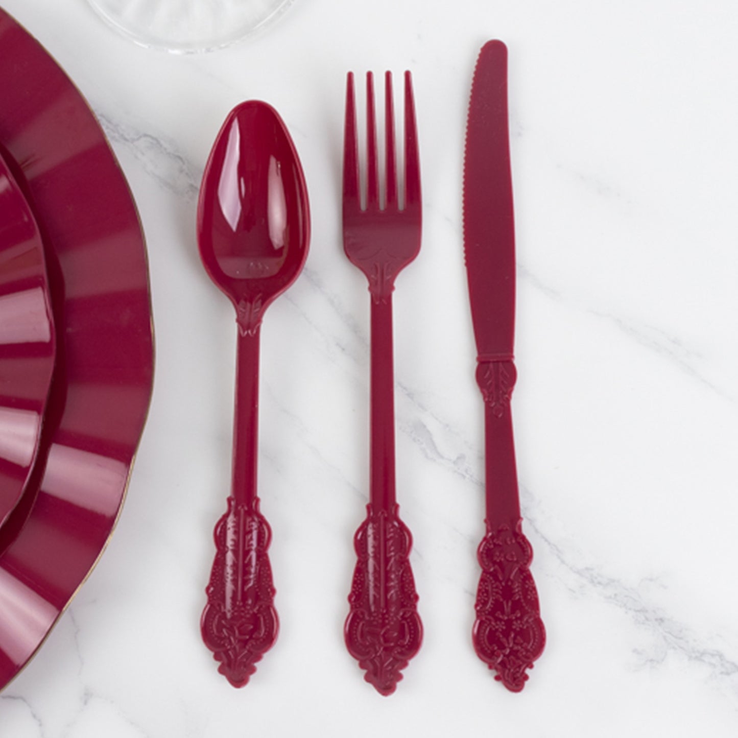 72 Pcs Burgundy Plastic Silverware Set in Baroque Style, Heavy Duty Disposable Utensils - Knife, Fork and Spoon Set